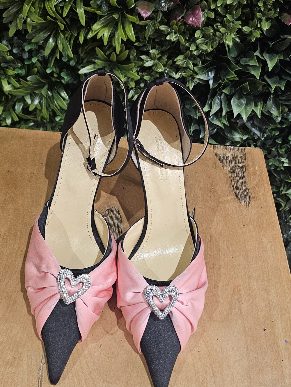 Vero Cuoio Pink and Black Pointed-Toe Ankle-Strap Heels with Heart Buckle